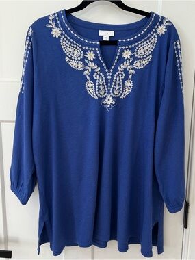 J. Jill Royal Blue Embroidered Split-Neck Tunic
